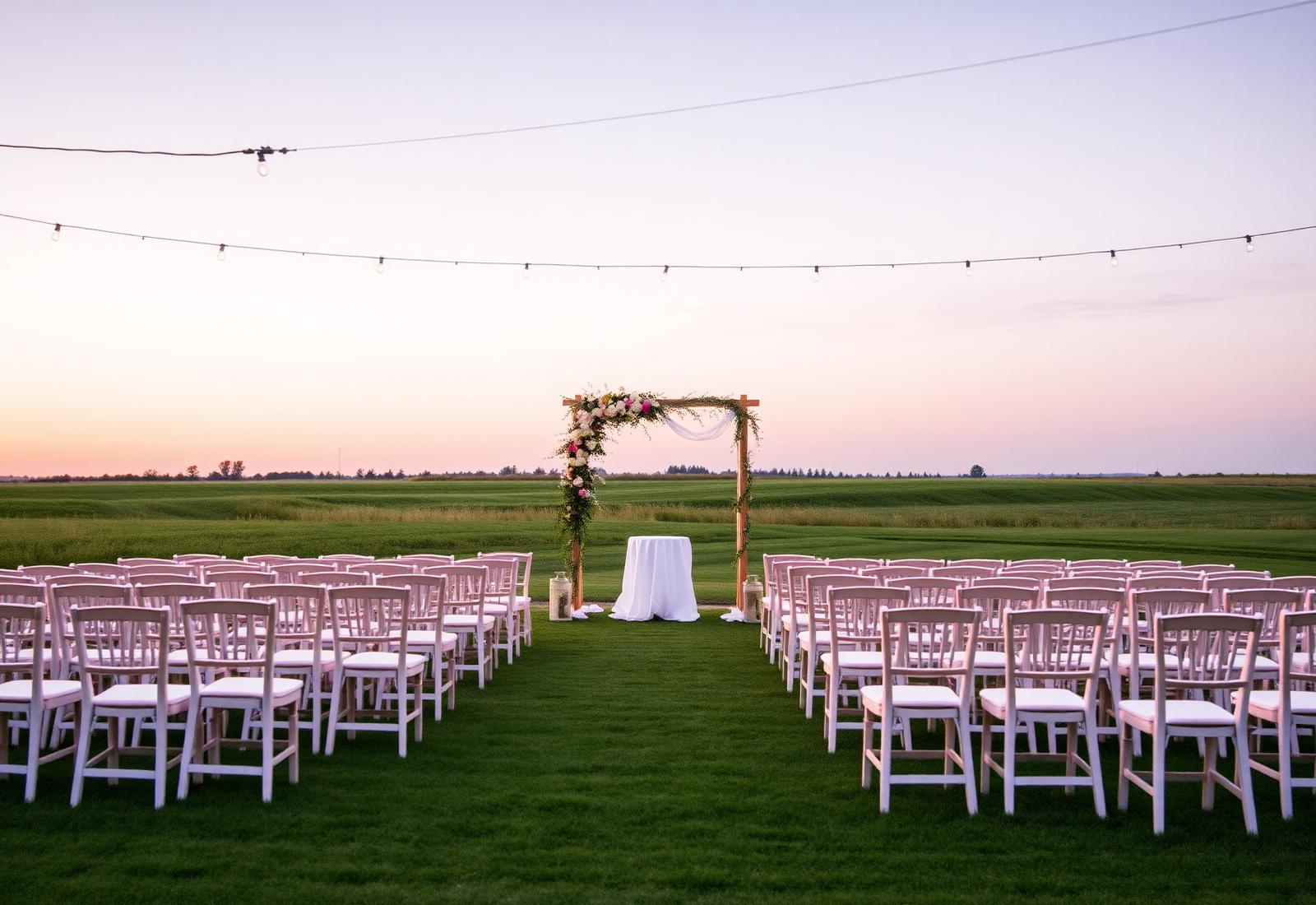 Outdoor ceremony setup with white chairs at Lilac Hill at dusk
