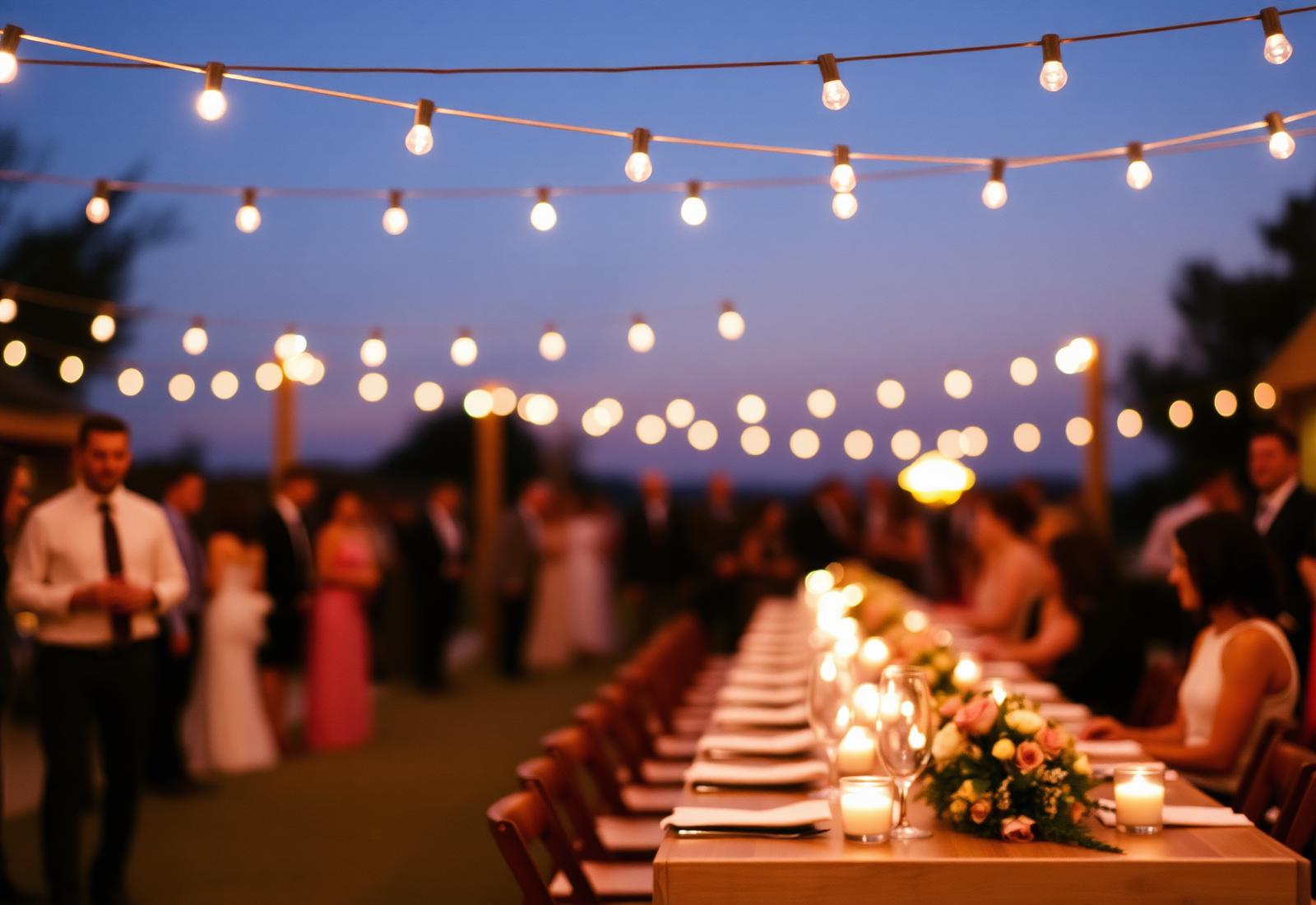 Reception under string lights at Lilac Hill