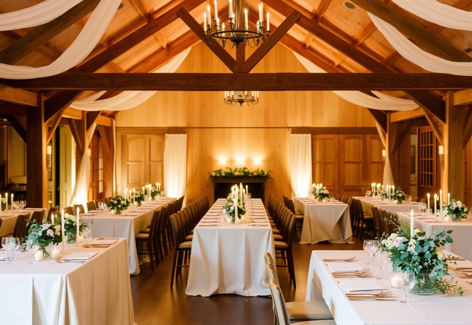 Warm wood-beam reception space with candlelit tables at Lilac Hill